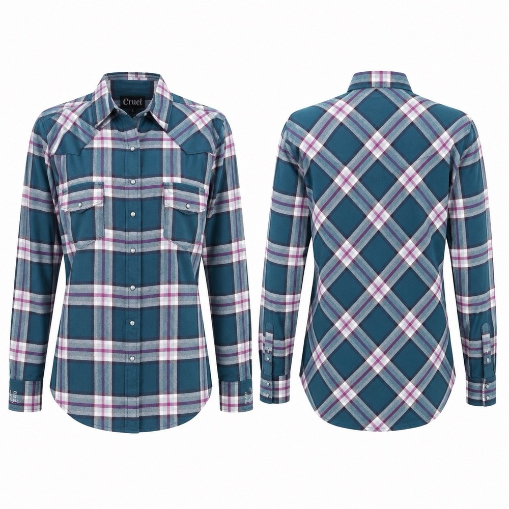 Cruel Womens M Plaid Western Pearl Snap Shirt Teal Purple CTW7024005 NWT